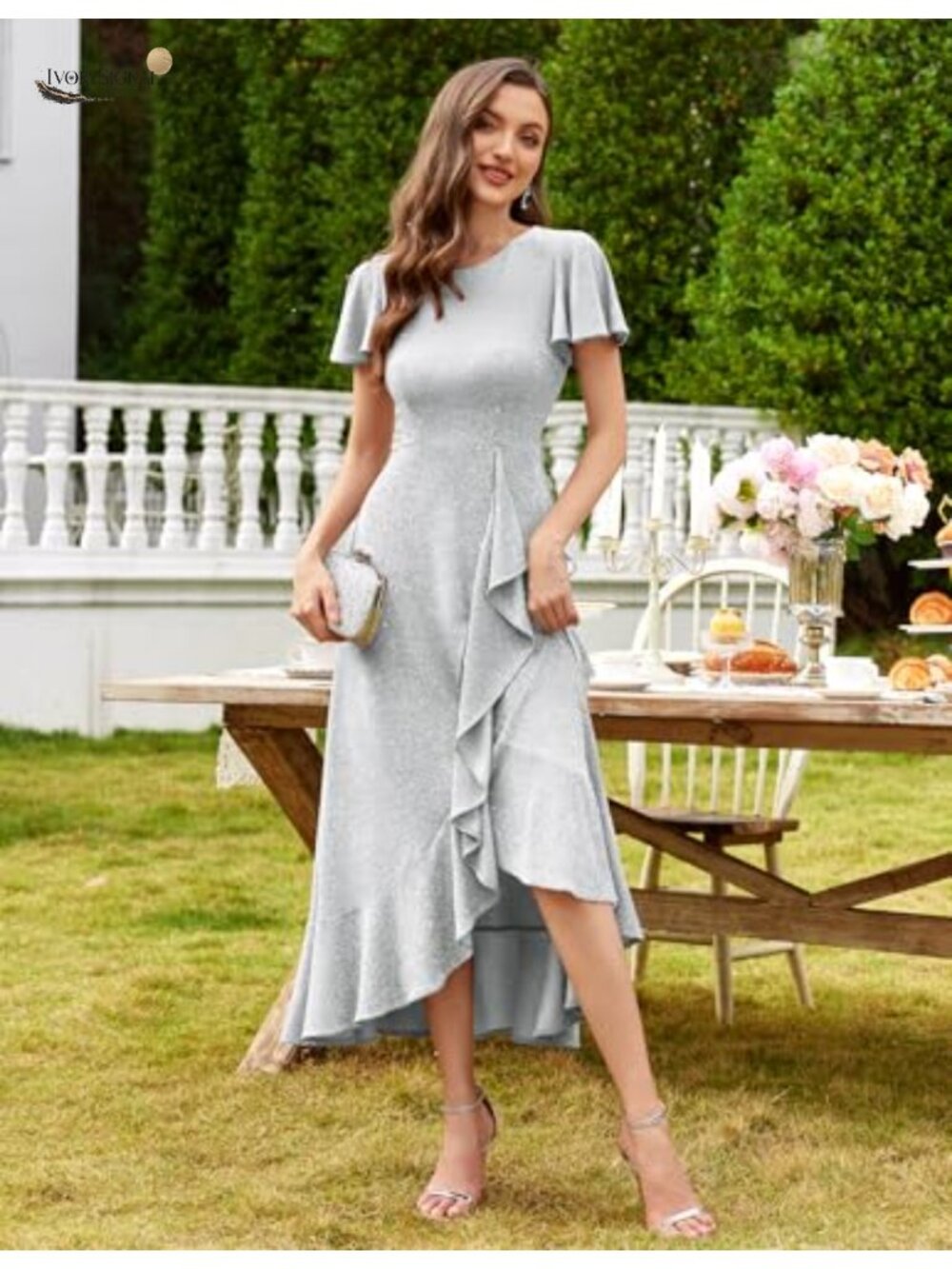 Sequin Formal Dress for Women High-Low Flutter Sleeve Midi